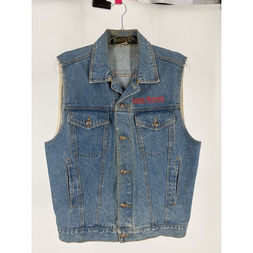 VTG Logo Club Denim Vest Mens S Blue Four Queens Las Vegas Casino Embroidered